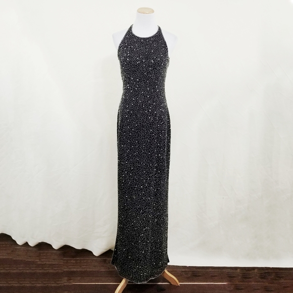 SOLD Vintage Scala beaded gown black silk dress long LG - Picture 3 of 10